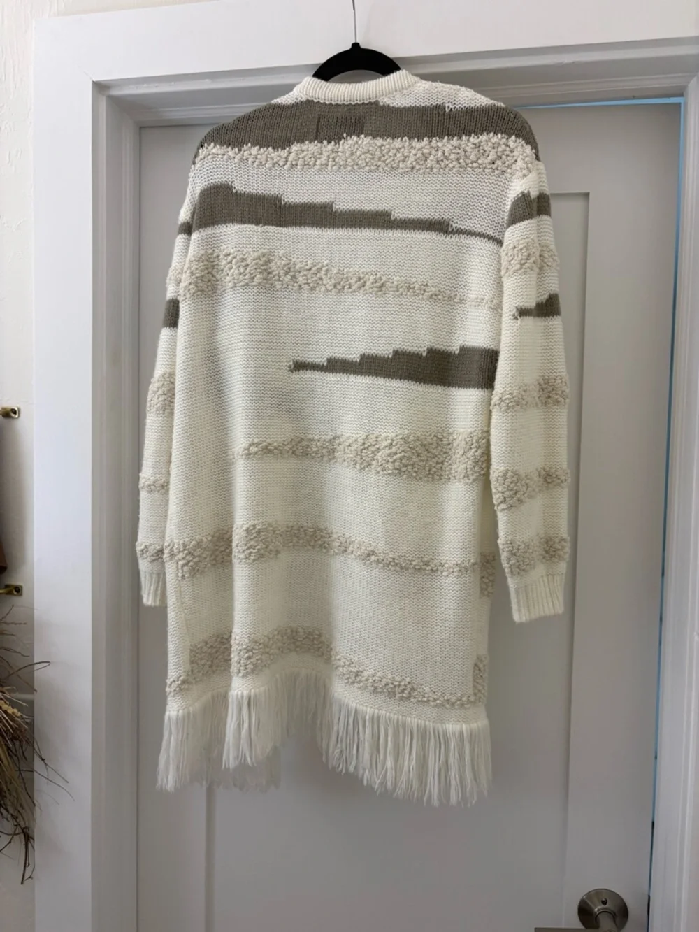 Obey Cream and Taupe Striped Fringe Open Cardigan